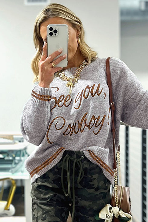 Embroidered See You Cowboy Western Graphic Drop Shoulder Crew Neck Sweater