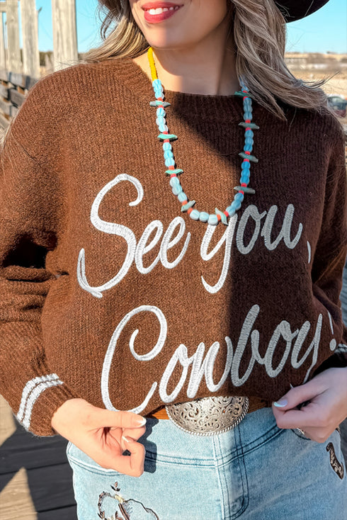 Embroidered See You Cowboy Western Graphic Drop Shoulder Crew Neck Sweater
