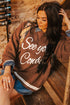 Embroidered See You Cowboy Western Graphic Drop Shoulder Crew Neck Sweater