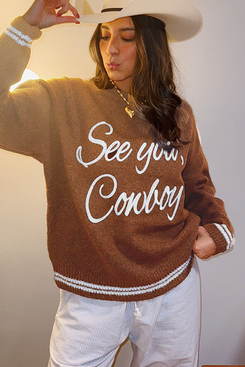Embroidered See You Cowboy Western Graphic Drop Shoulder Crew Neck Sweater