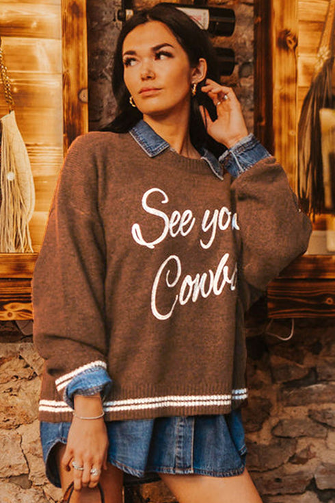 Embroidered See You Cowboy Western Graphic Drop Shoulder Crew Neck Sweater