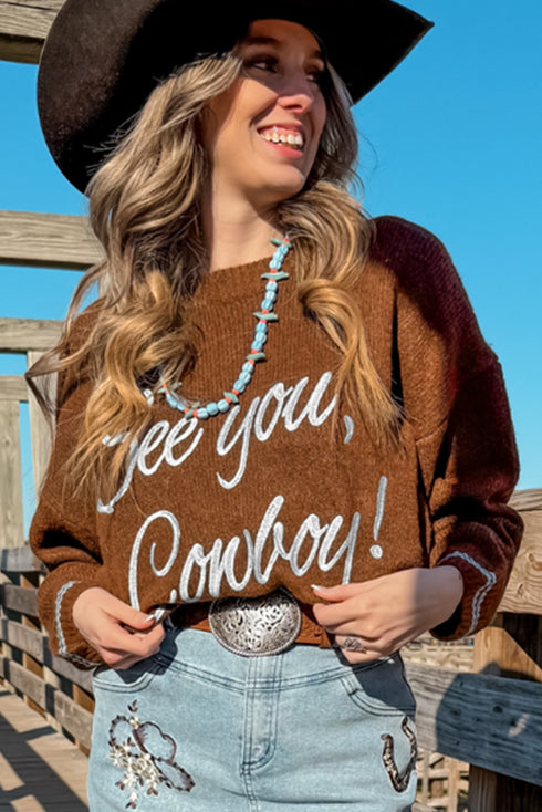 Embroidered See You Cowboy Western Graphic Drop Shoulder Crew Neck Sweater