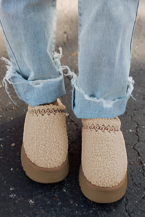 Embroidered Sherpa Plush Thick Sole Bootie Slippers
