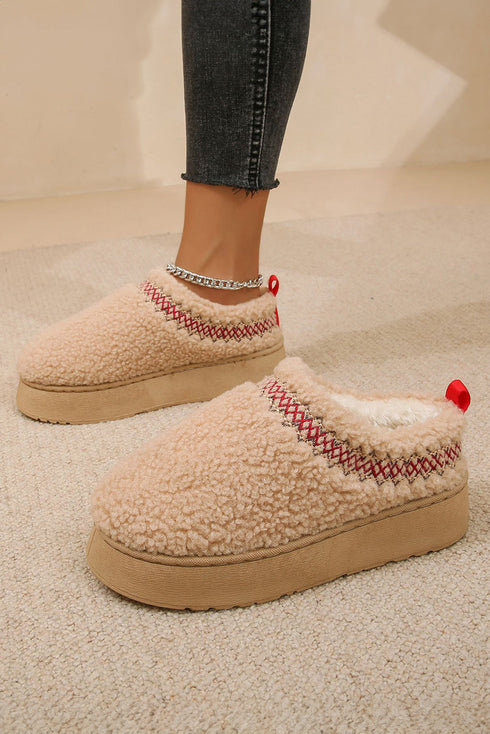 Embroidered Sherpa Plush Thick Sole Bootie Slippers