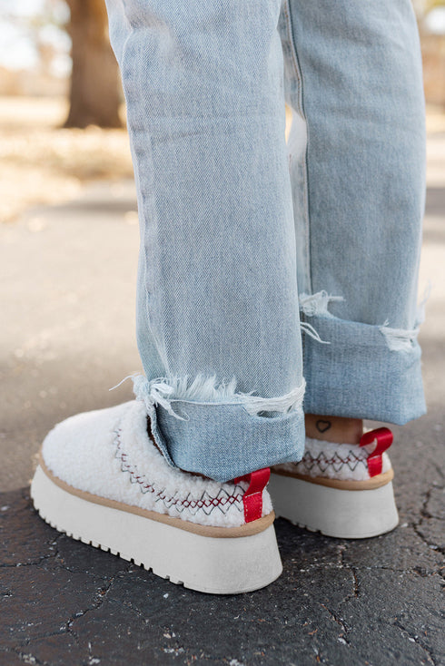 Embroidered Sherpa Plush Thick Sole Bootie Slippers