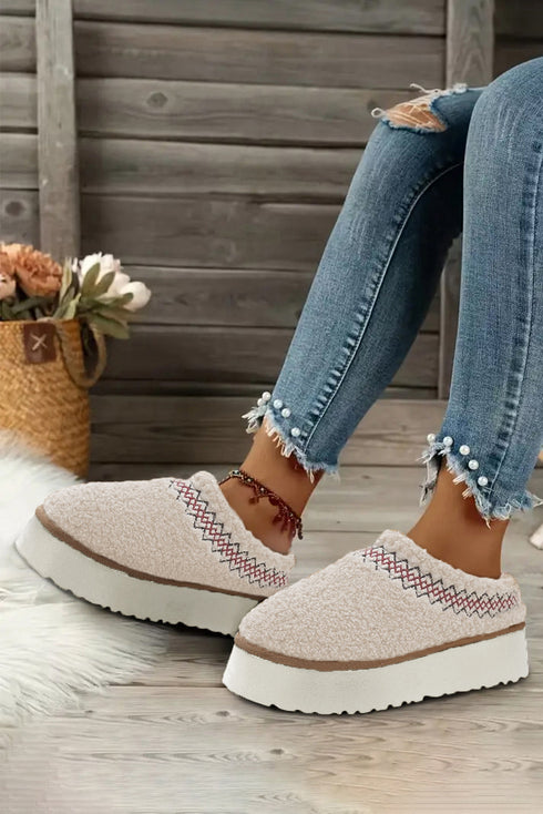 Embroidered Sherpa Plush Thick Sole Bootie Slippers