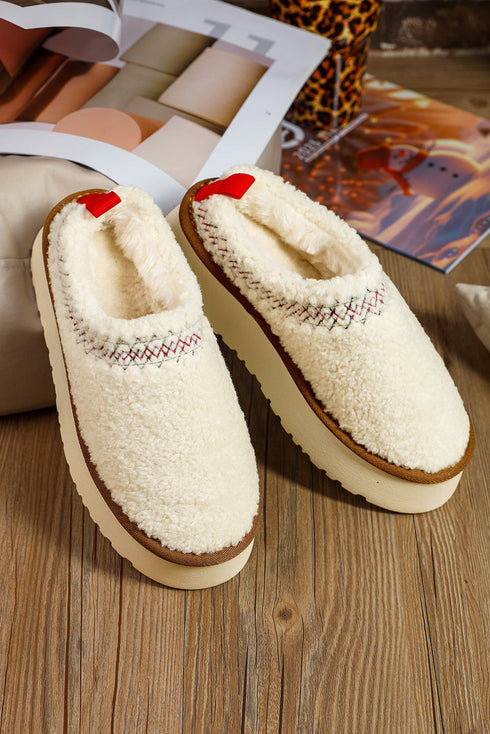 Embroidered Sherpa Plush Thick Sole Bootie Slippers