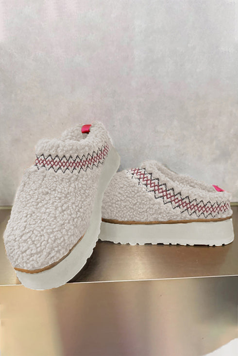 Embroidered Sherpa Plush Thick Sole Bootie Slippers