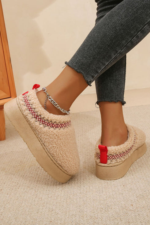 Embroidered Sherpa Plush Thick Sole Bootie Slippers
