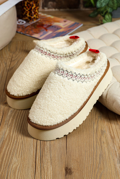 Embroidered Sherpa Plush Thick Sole Bootie Slippers