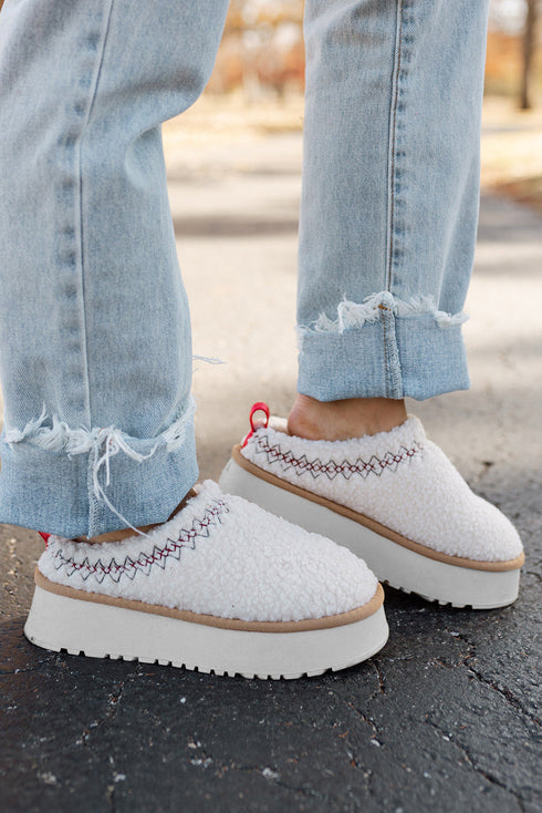 Embroidered Sherpa Plush Thick Sole Bootie Slippers