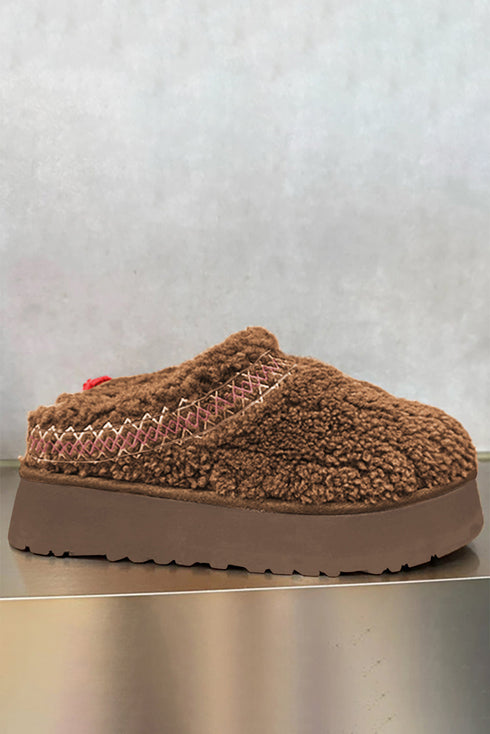 Embroidered Sherpa Plush Thick Sole Bootie Slippers