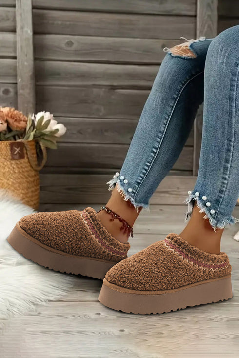 Embroidered Sherpa Plush Thick Sole Bootie Slippers