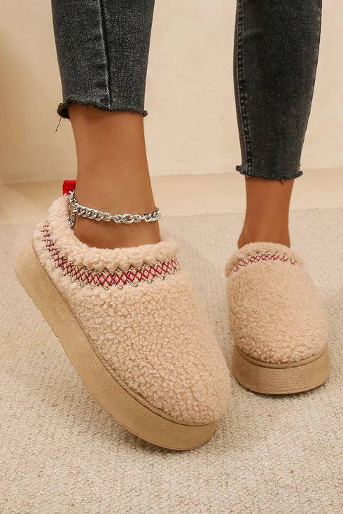 Embroidered Sherpa Plush Thick Sole Bootie Slippers
