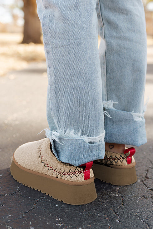 Embroidered Sherpa Plush Thick Sole Bootie Slippers