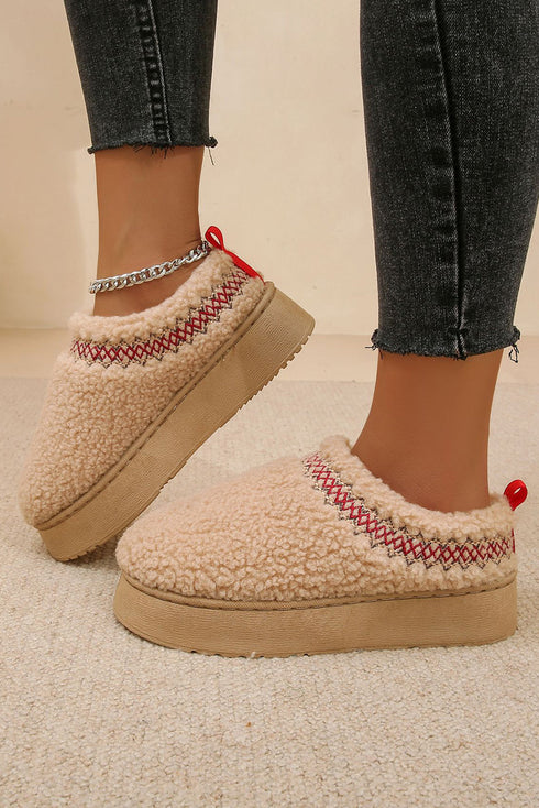 Embroidered Sherpa Plush Thick Sole Bootie Slippers