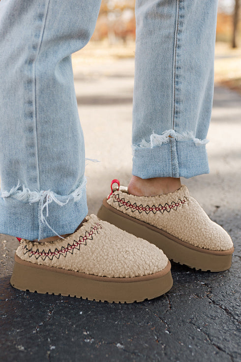 Embroidered Sherpa Plush Thick Sole Bootie Slippers