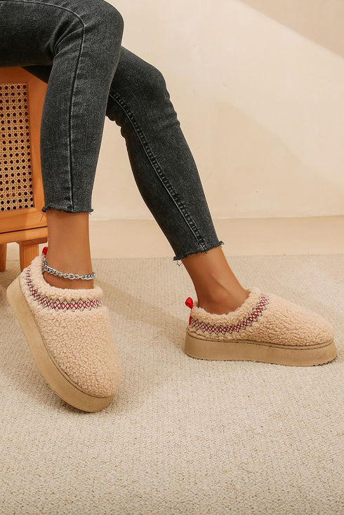 Embroidered Sherpa Plush Thick Sole Bootie Slippers