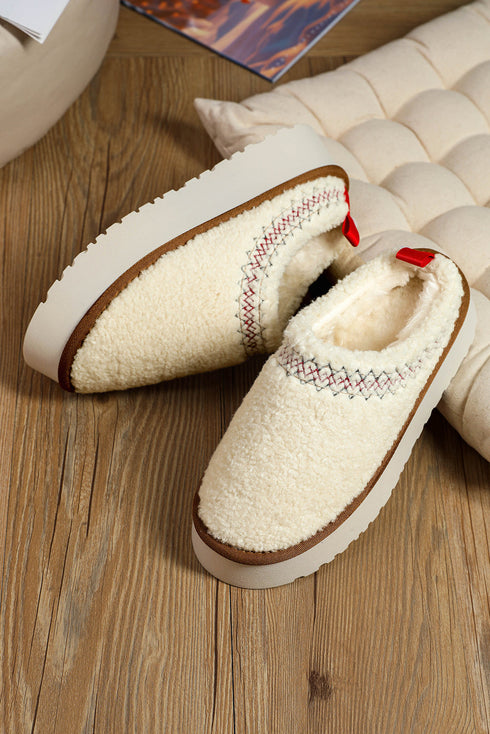 Embroidered Sherpa Plush Thick Sole Bootie Slippers