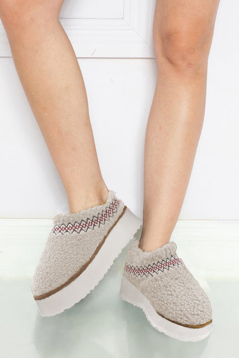 Embroidered Sherpa Plush Thick Sole Bootie Slippers