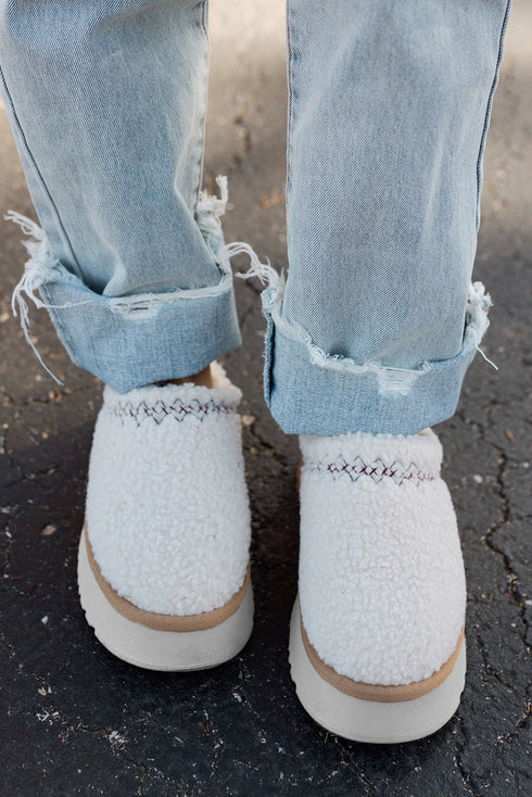 Embroidered Sherpa Plush Thick Sole Bootie Slippers