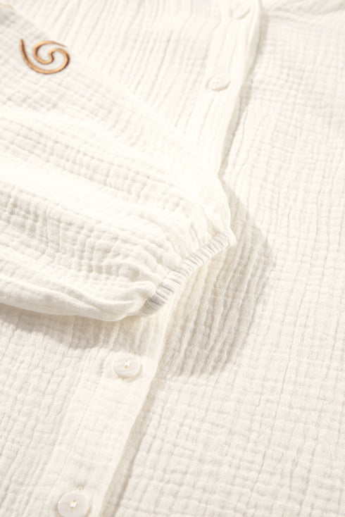 Embroidered Sleeve Crinkle Gauze Button Down Shirt
