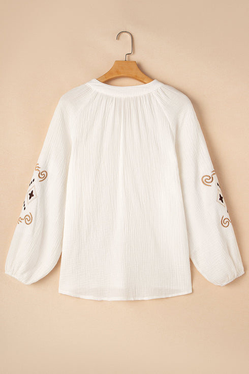 Embroidered Sleeve Crinkle Gauze Button Down Shirt