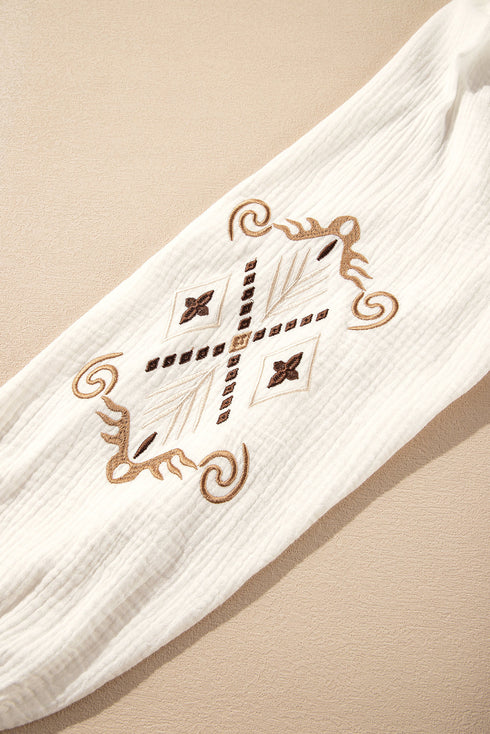 Embroidered Sleeve Crinkle Gauze Button Down Shirt