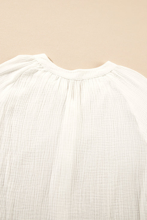 Embroidered Sleeve Crinkle Gauze Button Down Shirt
