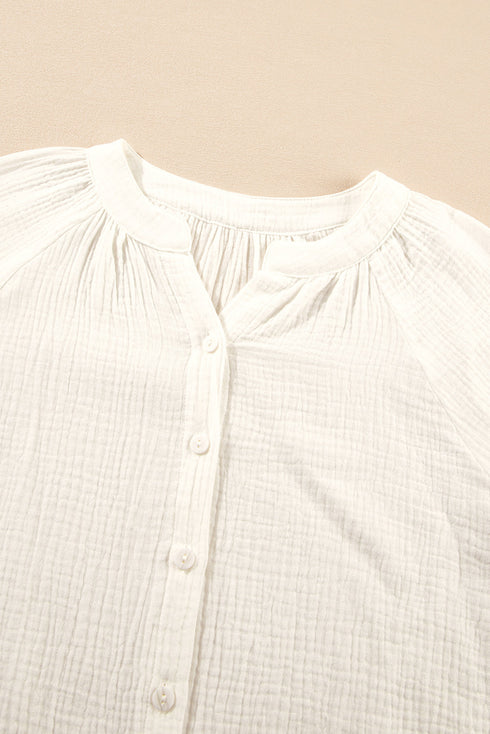 Embroidered Sleeve Crinkle Gauze Button Down Shirt