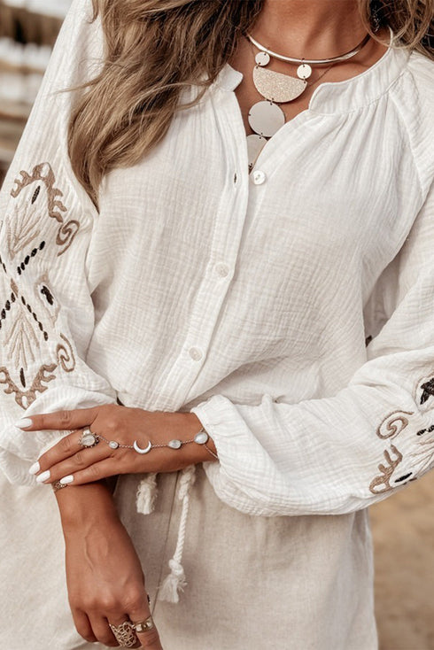 Embroidered Sleeve Crinkle Gauze Button Down Shirt