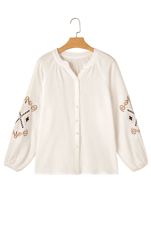 Embroidered Sleeve Crinkle Gauze Button Down Shirt
