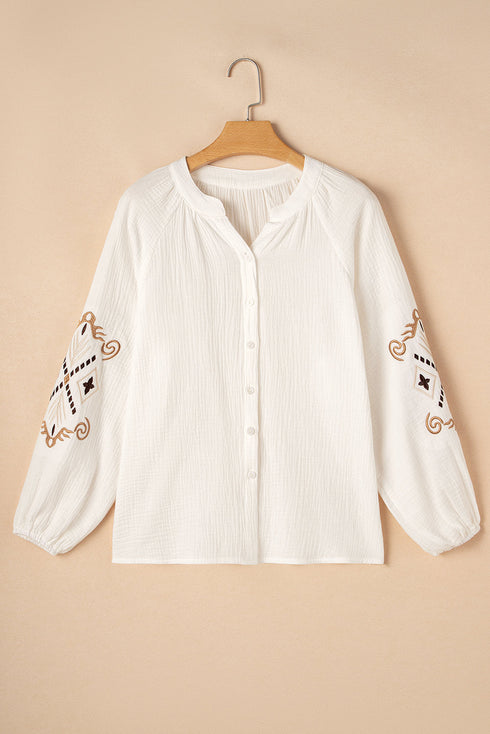 Embroidered Sleeve Crinkle Gauze Button Down Shirt