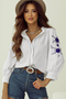 Embroidered Sleeve Ruffled Collar Button Up Shirt