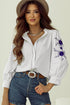 Embroidered Sleeve Ruffled Collar Button Up Shirt