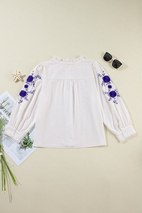 Embroidered Sleeve Ruffled Collar Button Up Shirt