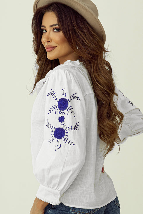 Embroidered Sleeve Ruffled Collar Button Up Shirt