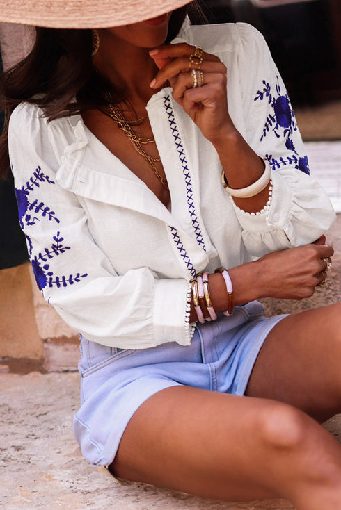 Embroidered Sleeve Ruffled Collar Button Up Shirt