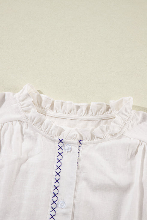 Embroidered Sleeve Ruffled Collar Button Up Shirt