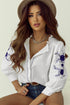 Embroidered Sleeve Ruffled Collar Button Up Shirt