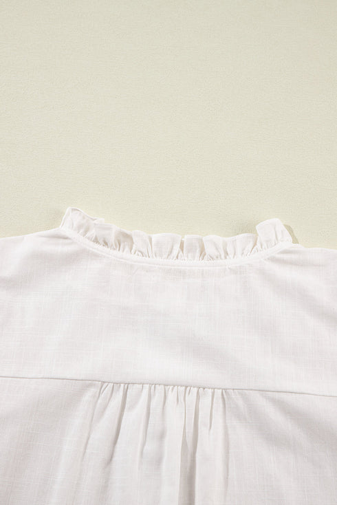Embroidered Sleeve Ruffled Collar Button Up Shirt