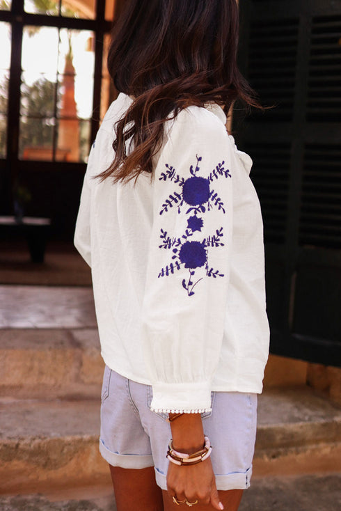 Embroidered Sleeve Ruffled Collar Button Up Shirt