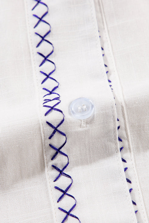 Embroidered Sleeve Ruffled Collar Button Up Shirt