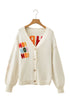 Embroidered Slogan Applique V Neck Button Front Knit Cardigan