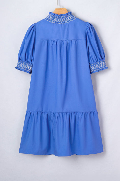 Embroidered Smocked V Neck Puff Sleeve A Line Mini Dress