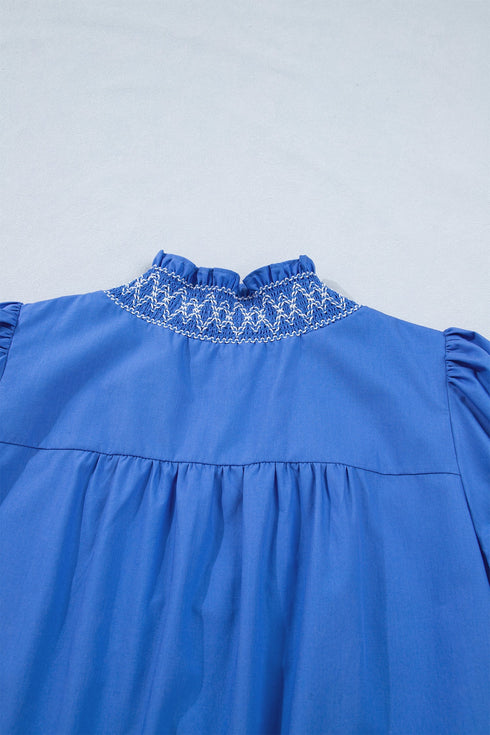 Embroidered Smocked V Neck Puff Sleeve A Line Mini Dress