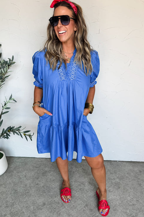 Embroidered Smocked V Neck Puff Sleeve A Line Mini Dress