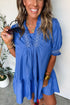 Embroidered Smocked V Neck Puff Sleeve A Line Mini Dress