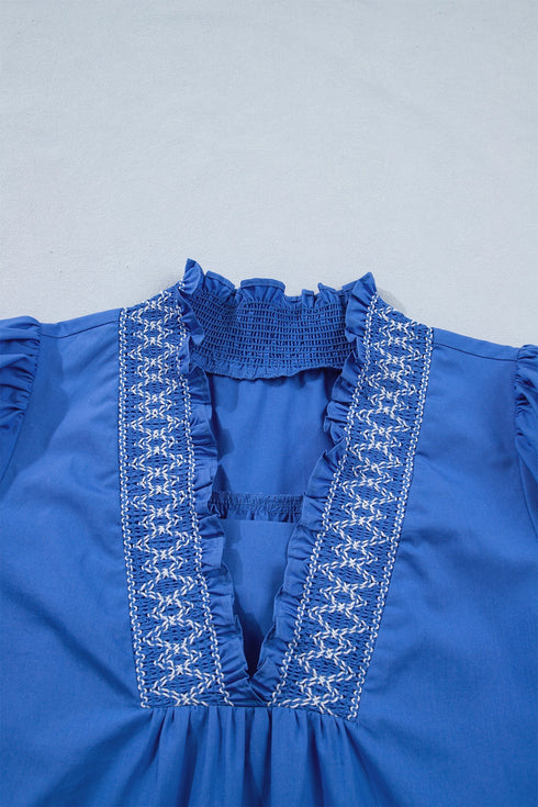 Embroidered Smocked V Neck Puff Sleeve A Line Mini Dress