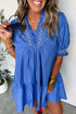 Embroidered Smocked V Neck Puff Sleeve A Line Mini Dress